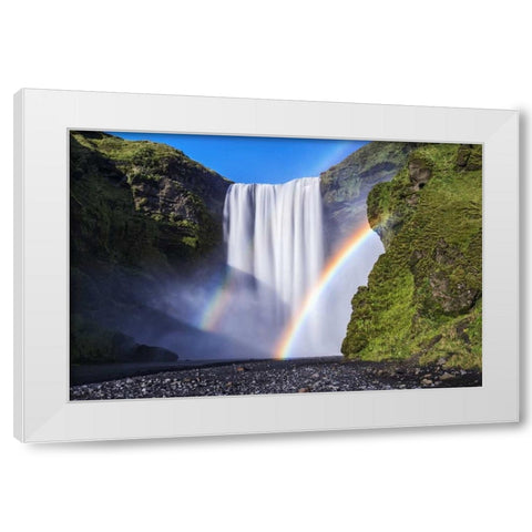 Iceland, Skogafoss Waterfall and rainbow White Modern Wood Framed Art Print by Kirkland, Dennis