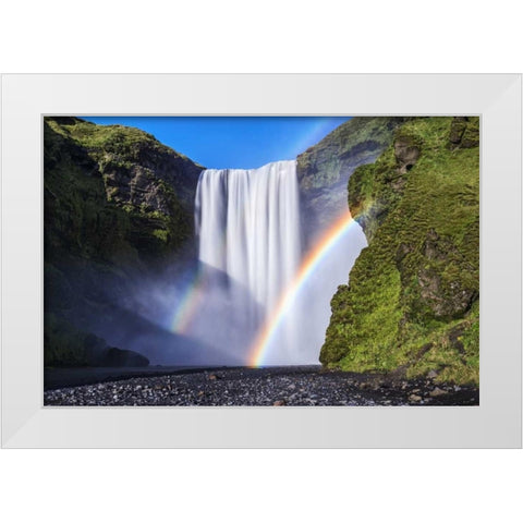 Iceland, Skogafoss Waterfall and rainbow White Modern Wood Framed Art Print by Kirkland, Dennis