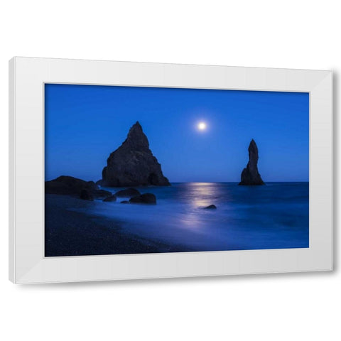Iceland, Reynisdrangur Moon reflection on ocean White Modern Wood Framed Art Print by Kirkland, Dennis