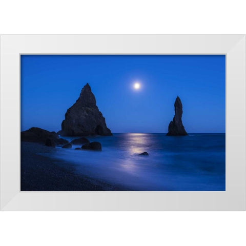 Iceland, Reynisdrangur Moon reflection on ocean White Modern Wood Framed Art Print by Kirkland, Dennis