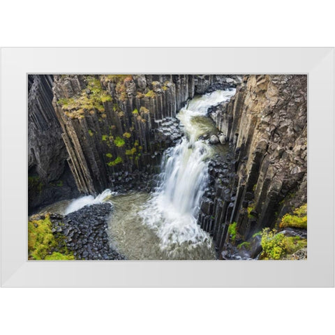 Iceland, Waterfall and basalt columns White Modern Wood Framed Art Print by Kirkland, Dennis