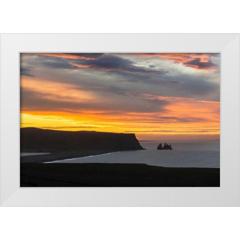 Iceland, Dyrholaey Sunrise over ocean and land White Modern Wood Framed Art Print by Kirkland, Dennis