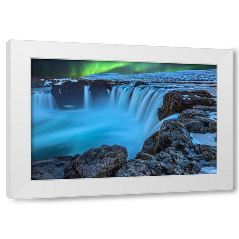 Iceland Aurora borealis and the Godafoss Waterfall White Modern Wood Framed Art Print by Jaynes Gallery