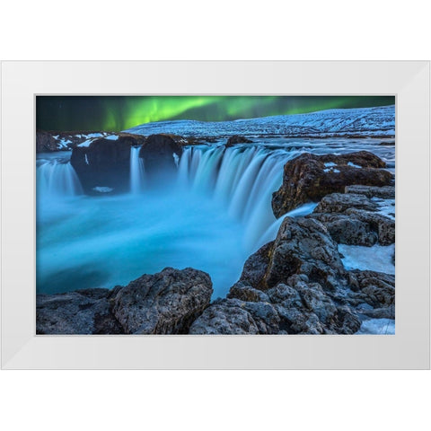 Iceland Aurora borealis and the Godafoss Waterfall White Modern Wood Framed Art Print by Jaynes Gallery