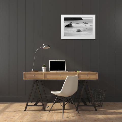 Basalt sea stacks in the ocean-Vik-Iceland White Modern Wood Framed Art Print by Su, Keren