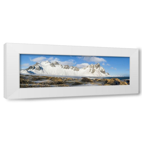 Coastal landscape with dunes at iconic Stokksnes during winter and stormy conditions Iceland White Modern Wood Framed Art Print by Zwick, Martin