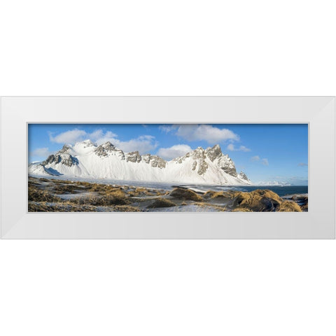 Coastal landscape with dunes at iconic Stokksnes during winter and stormy conditions Iceland White Modern Wood Framed Art Print by Zwick, Martin