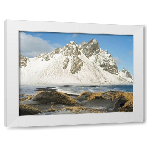Coastal landscape with dunes at iconic Stokksnes during winter and stormy conditions Iceland White Modern Wood Framed Art Print by Zwick, Martin