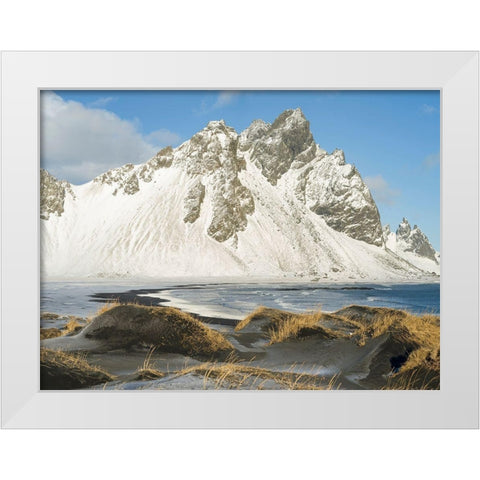 Coastal landscape with dunes at iconic Stokksnes during winter and stormy conditions Iceland White Modern Wood Framed Art Print by Zwick, Martin