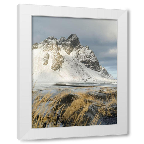 Coastal landscape with dunes at iconic Stokksnes during winter and stormy conditions Iceland White Modern Wood Framed Art Print by Zwick, Martin