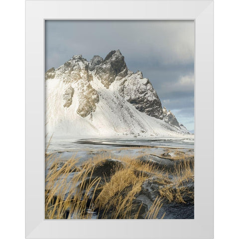 Coastal landscape with dunes at iconic Stokksnes during winter and stormy conditions Iceland White Modern Wood Framed Art Print by Zwick, Martin