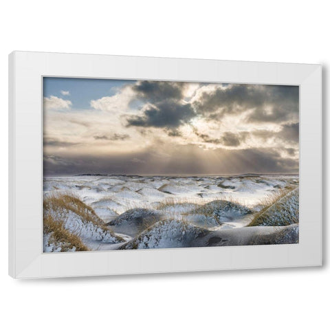 Coastal landscape with dunes at iconic Stokksnes during winter and stormy conditions Iceland White Modern Wood Framed Art Print by Zwick, Martin