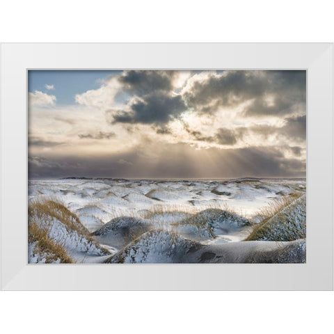 Coastal landscape with dunes at iconic Stokksnes during winter and stormy conditions Iceland White Modern Wood Framed Art Print by Zwick, Martin