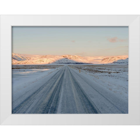 Landscape with country road near Hoffell during winter in Hornafjoerdur area White Modern Wood Framed Art Print by Zwick, Martin