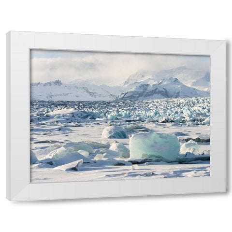 Northern shore of glacial lagoon Jokulsarlon with glacier Breidamerkurjokull White Modern Wood Framed Art Print by Zwick, Martin