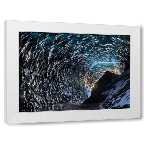 Ice cave at the northern shore of glacial lagoon Jokulsarlon in glacier Breidamerkurjokull White Modern Wood Framed Art Print by Zwick, Martin