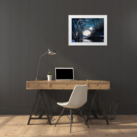 Ice cave at the northern shore of glacial lagoon Jokulsarlon in glacier Breidamerkurjokull White Modern Wood Framed Art Print by Zwick, Martin