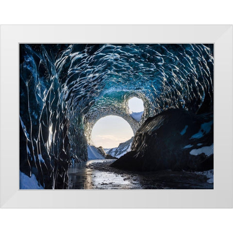Ice cave at the northern shore of glacial lagoon Jokulsarlon in glacier Breidamerkurjokull White Modern Wood Framed Art Print by Zwick, Martin