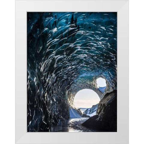 Ice cave at the northern shore of glacial lagoon Jokulsarlon in glacier Breidamerkurjokull White Modern Wood Framed Art Print by Zwick, Martin