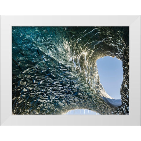 Ice cave at the northern shore of glacial lagoon Jokulsarlon in glacier Breidamerkurjokull White Modern Wood Framed Art Print by Zwick, Martin