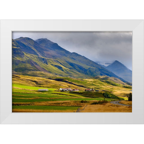 Mountains towering over Oxnadalur with road climbing up to Oxnadalsheidi. Europe- Iceland White Modern Wood Framed Art Print by Zwick, Martin