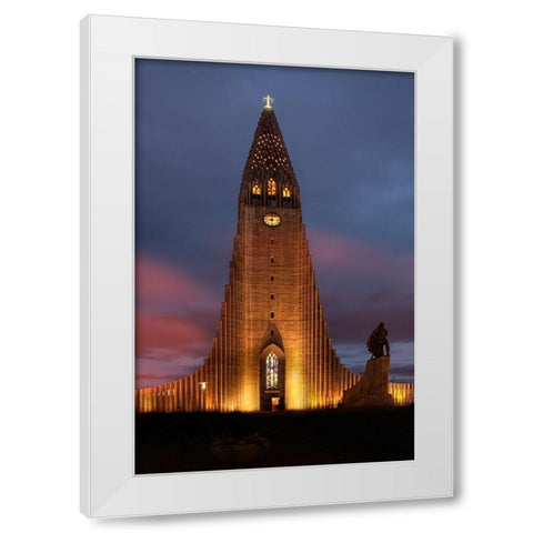 Reykjavik-Iceland Hallgrimskirkja church with statue of Leif Erikson White Modern Wood Framed Art Print by Steve Mohlenkamp