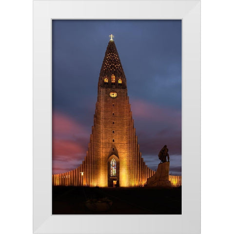 Reykjavik-Iceland Hallgrimskirkja church with statue of Leif Erikson White Modern Wood Framed Art Print by Steve Mohlenkamp
