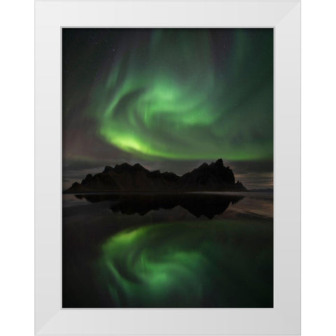 Northern Lights above Vestrahorn beach near Hofn in the southeast of Iceland White Modern Wood Framed Art Print by Steve Mohlenkamp