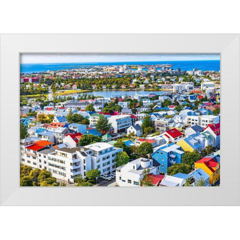 Small Tjornin Lake blue Ocean Sea Colorful blue red white green Houses Streets-Reykjavik-Iceland White Modern Wood Framed Art Print by Perry, William