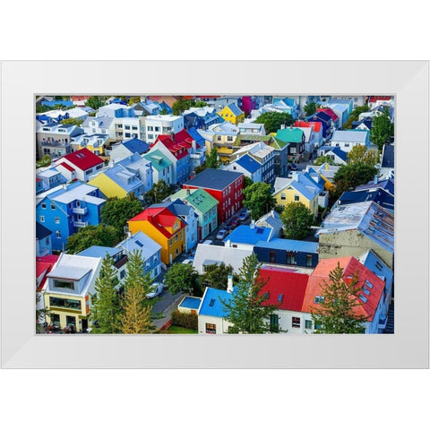 Colorful red green blue yellow Houses Cars Streets-Reykjavik-Iceland White Modern Wood Framed Art Print by Perry, William