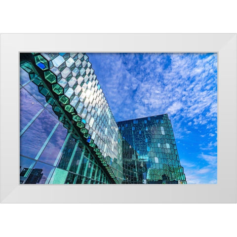Modern glass concert hall-Reykjavik-Iceland White Modern Wood Framed Art Print by Perry, William