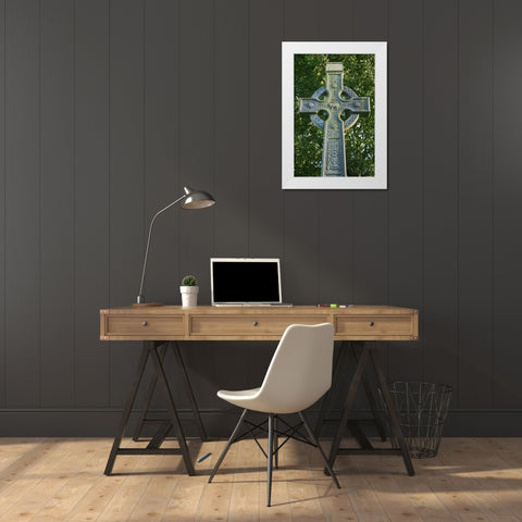 Ireland, Roscommon Celtic cross outside a Church White Modern Wood Framed Art Print by Flaherty, Dennis