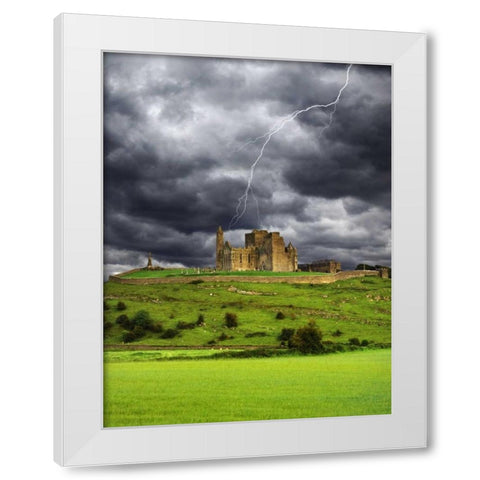 Ireland, Tipperary Lightning over Rock of Cashel White Modern Wood Framed Art Print by Flaherty, Dennis