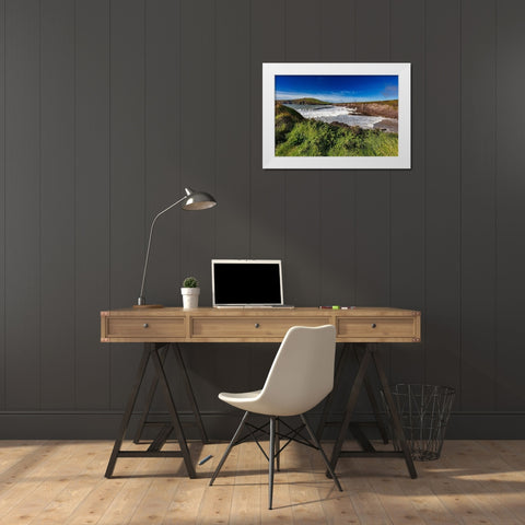 Waves crash into cliffs at Binn Ban Beach near Dingle-Ireland White Modern Wood Framed Art Print by Haney, Chuck
