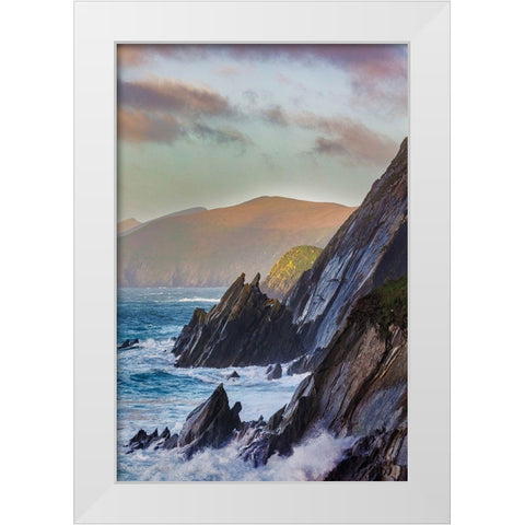 Waves crash into cliffs on Dunmore Head with Blasket Islands on the Dingle Peninsula-Ireland White Modern Wood Framed Art Print by Haney, Chuck