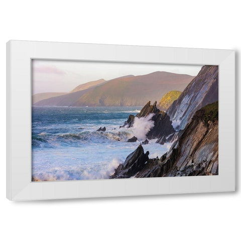 Waves crash into cliffs on Dunmore Head with Blasket Islands on the Dingle Peninsula-Ireland White Modern Wood Framed Art Print by Haney, Chuck