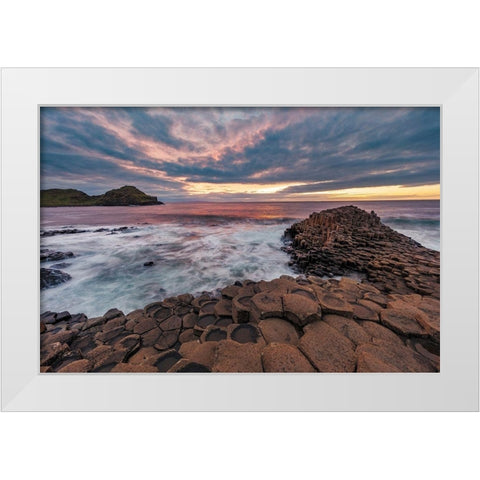 Interlocking basalt columns at sunset at the Giants Causeway near Bushmills-Northern Ireland White Modern Wood Framed Art Print by Haney, Chuck