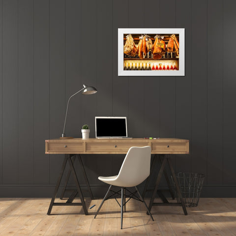 Italy-Rome Piazza della Rotunda-meat (hams) and wine for sale at Salami Antica White Modern Wood Framed Art Print by Jones, Alison
