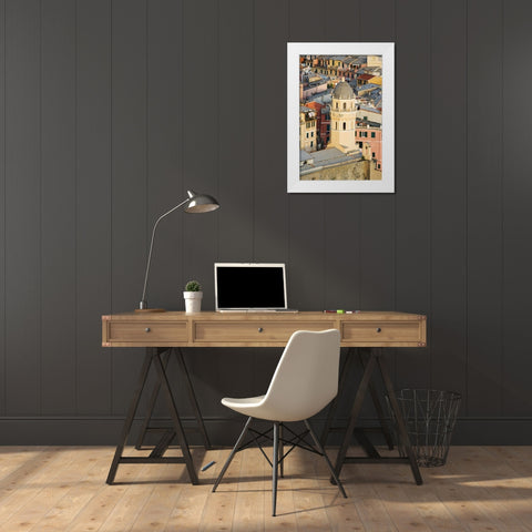 Italy, Vernazza Cathedral and city buildings White Modern Wood Framed Art Print by Flaherty, Dennis