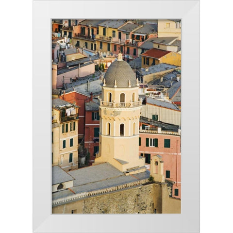Italy, Vernazza Cathedral and city buildings White Modern Wood Framed Art Print by Flaherty, Dennis