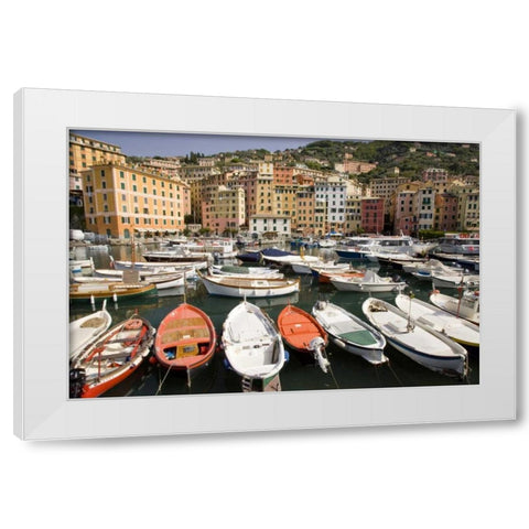 Italy, Camogli Boats moored in harbor White Modern Wood Framed Art Print by Kaveney, Wendy