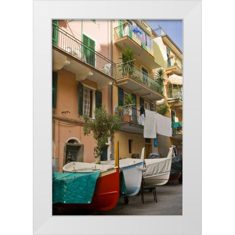 Italy, Manarola Boats stored on the streets White Modern Wood Framed Art Print by Kaveney, Wendy