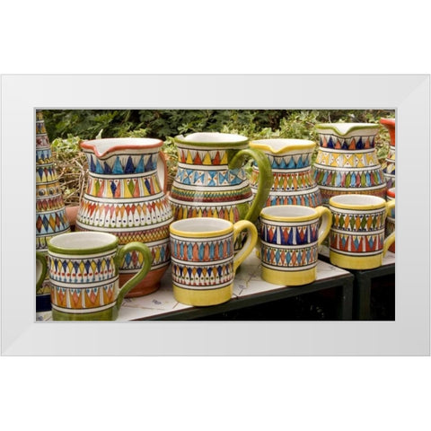 Italy, Positano Ceramic pitchers and mugs White Modern Wood Framed Art Print by Kaveney, Wendy