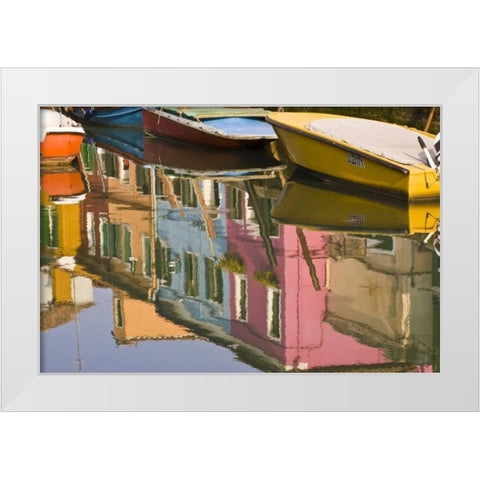 Italy, Burano Boats on a canal with reflections White Modern Wood Framed Art Print by Kaveney, Wendy