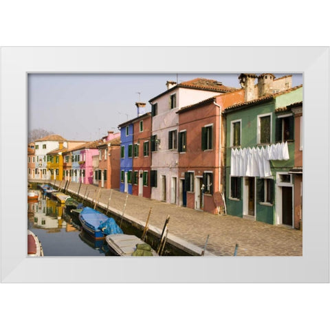 Italy, Burano Colorful houses of line a canal White Modern Wood Framed Art Print by Kaveney, Wendy