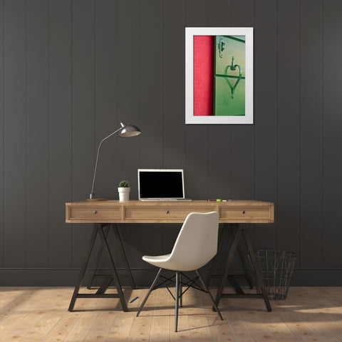 Italy, BuranoGreen shutter on a red wall White Modern Wood Framed Art Print by Kaveney, Wendy
