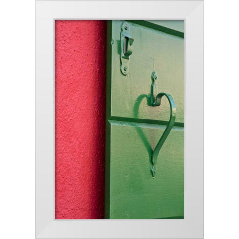 Italy, BuranoGreen shutter on a red wall White Modern Wood Framed Art Print by Kaveney, Wendy