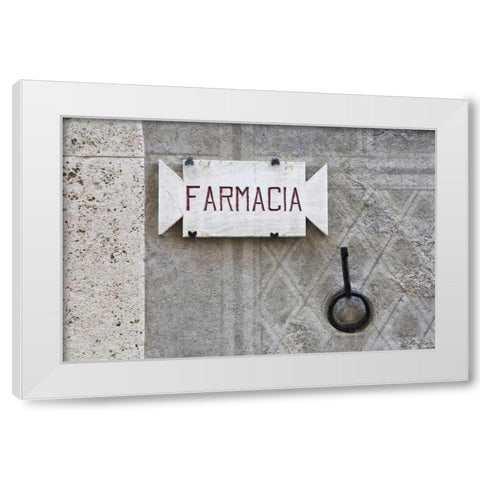 Italy, Tuscany, Pienza Pharmacy sign on wall White Modern Wood Framed Art Print by Flaherty, Dennis