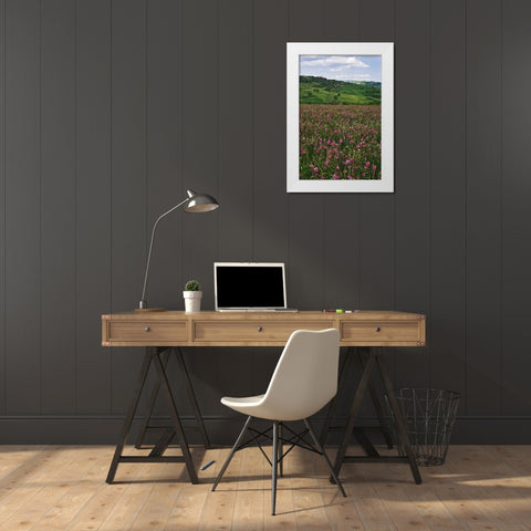 Italy, Pienza Medieval town seen on hilltop White Modern Wood Framed Art Print by Flaherty, Dennis