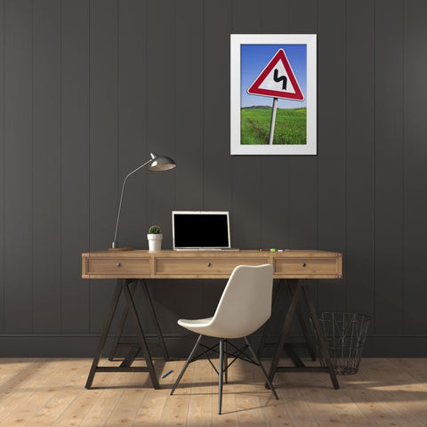 Italy, Tuscany, Pienza Road sign warning White Modern Wood Framed Art Print by Flaherty, Dennis